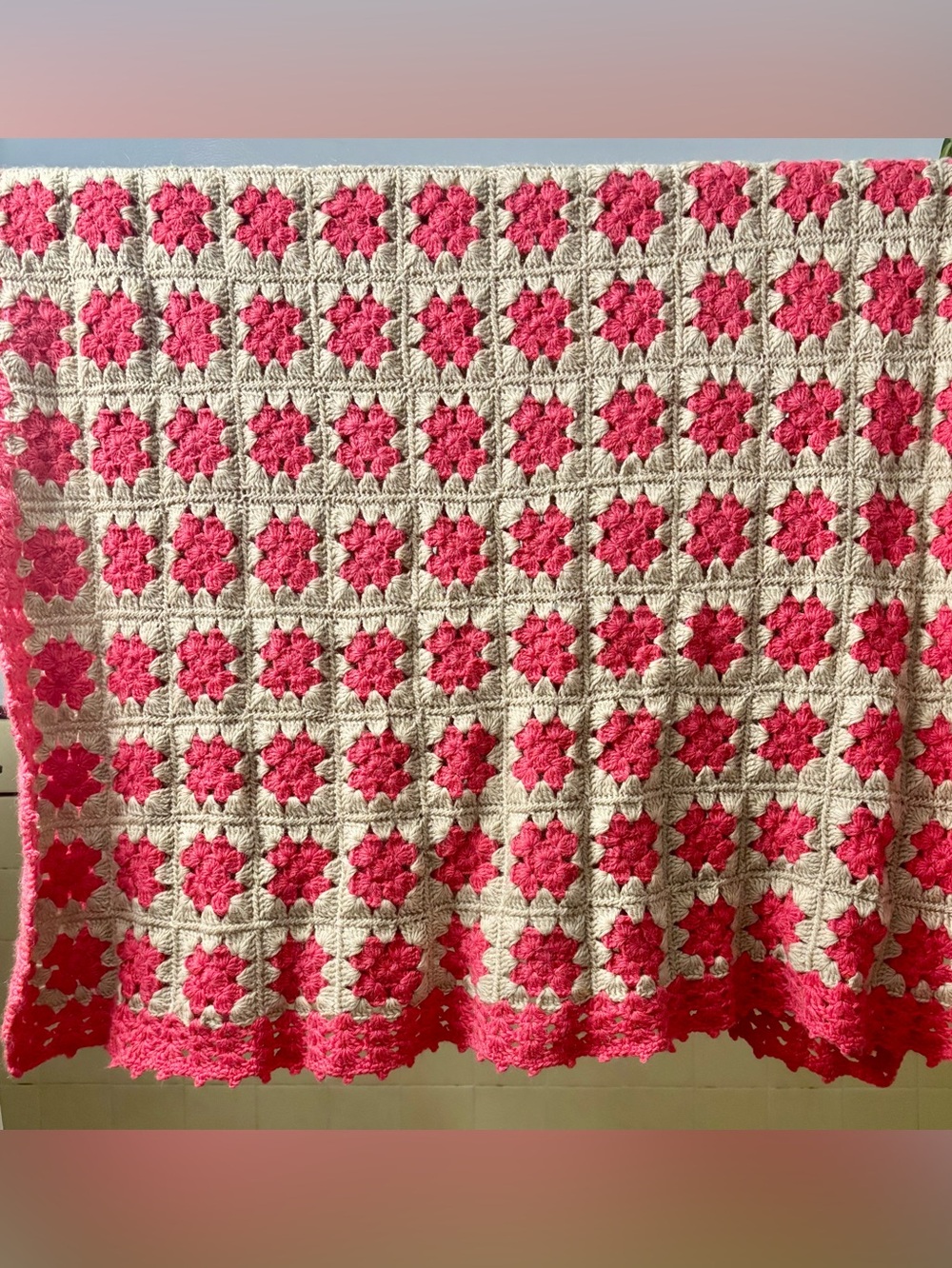 Vintage 70s Boho Crocheted Pink Gray Floral Granny Square Afghan Throw
